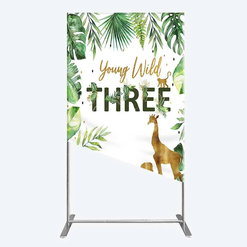 Aperturee - Aperturee Young Wild Three Rectangle Backdrop Safari Jungle Animals and Tropical Leaves Background 3rd Birthday Wild One Party