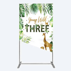 Aperturee - Aperturee Young Wild Three Rectangle Backdrop Safari Jungle Animals and Tropical Leaves Background 3rd Birthday Wild One Party