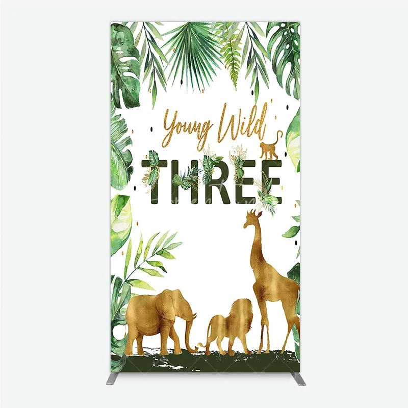 Aperturee - Aperturee Young Wild Three Rectangle Backdrop Safari Jungle Animals and Tropical Leaves Background 3rd Birthday Wild One Party