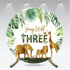 Aperturee - Aperturee Young Wild Three Round Backdrop Safari Jungle Animals and Tropical Leaves Background 3rd Birthday Wild One Party Decor