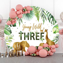 Aperturee - Aperturee Young Wild Three Round Backdrop Safari Jungle Animals and Tropical Leaves Background 3rd Birthday Wild One Party Decor