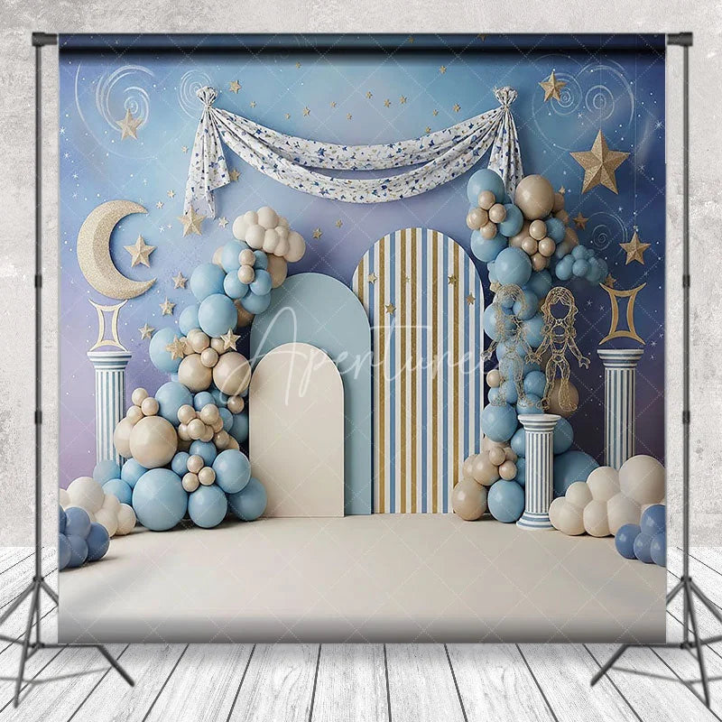 Aperturee - Aperturee Zodiac Gemini Birthday Backdrop Starry Night Sky and Roman Column Cake Smash Photography Background