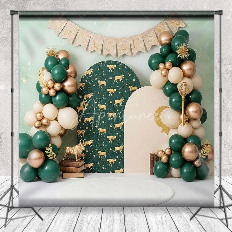Aperturee - Aperturee Zodiac Taurus Birthday Backdrop Emerald Green and Gold Stars Constellation Cake Smash Background