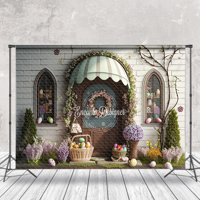 Aperturee - Arch Door Floral Egg Brick Easter Backdrop For Photo