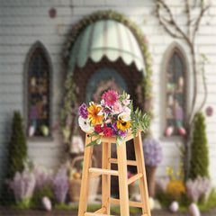 Aperturee - Arch Door Floral Egg Brick Easter Backdrop For Photo