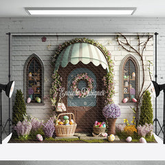 Aperturee - Arch Door Floral Egg Brick Easter Backdrop For Photo