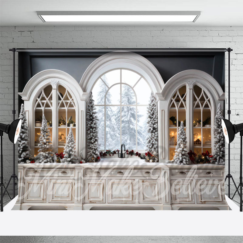 Aperturee - Arch Windows Cabinet Snow Tree Christmas Backdrop