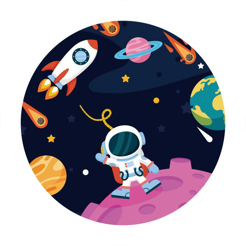 Aperturee - Astronaut And Rocket Round Birthday Backdrop