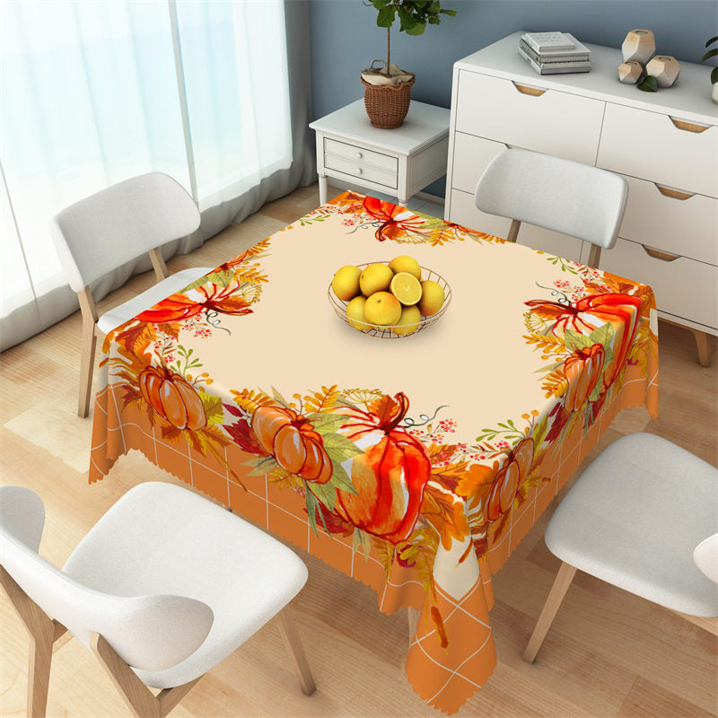 Aperturee - Autumn Leaves Pumpkin Yellow Plaid Square Tablecloth