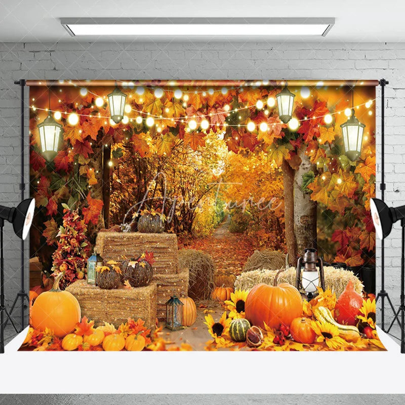 Aperturee - Autumn Maple Forest Haystack Pumpkin Backdrop