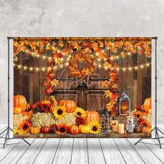 Aperturee - Autumn Pumpkin Wooden Door Maple Leaf Photo Backdrop