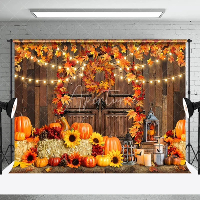 Aperturee - Autumn Pumpkin Wooden Door Maple Leaf Photo Backdrop