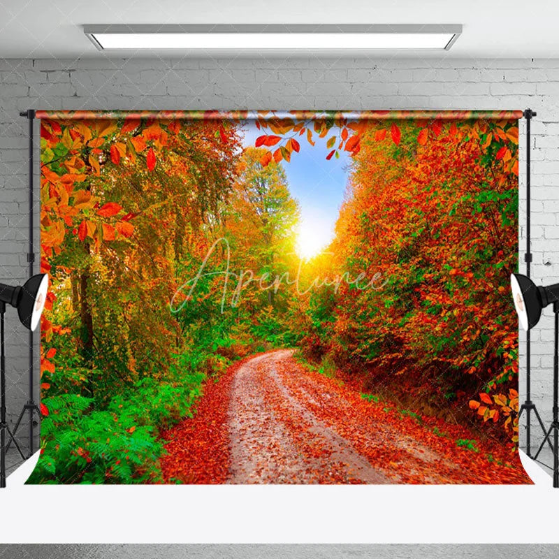 Aperturee - Autumn Red And Green Leaves Forest Photo Backdrop