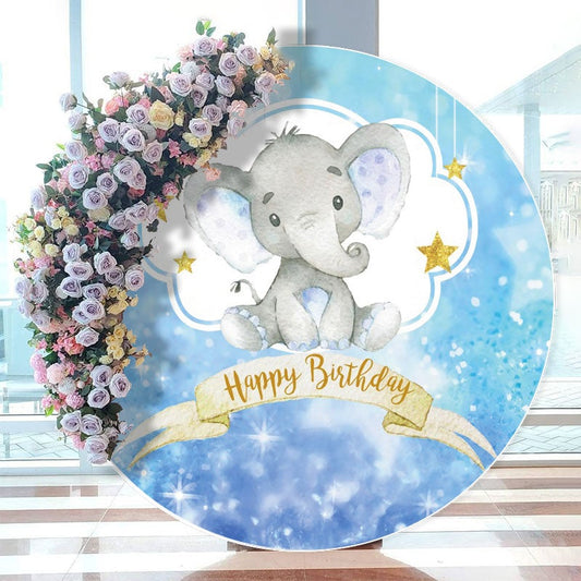 Aperturee - Baby Elephant Blue Happy Birthday Round Backdrops for Kids