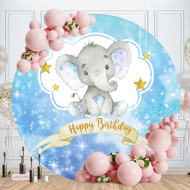 Aperturee - Baby Elephant Blue Happy Birthday Round Backdrops for Kids