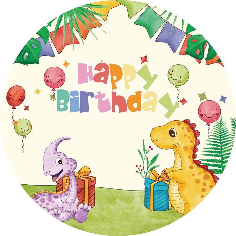 Aperturee - Ballons And Dinosaur Round Birthday Backdrop