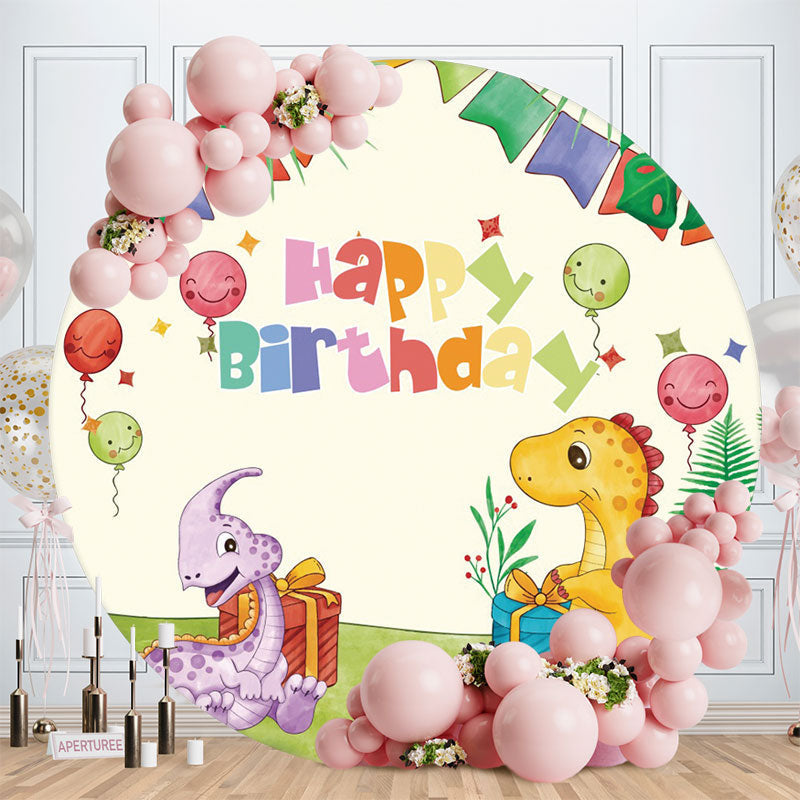 Aperturee - Ballons And Dinosaur Round Birthday Backdrop