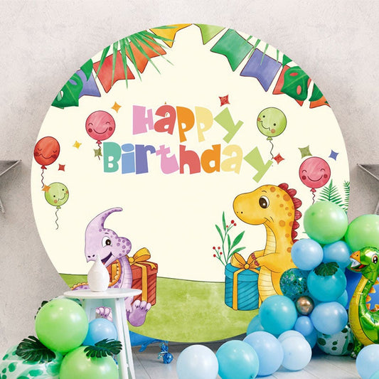 Aperturee - Ballons And Dinosaur Round Birthday Backdrop