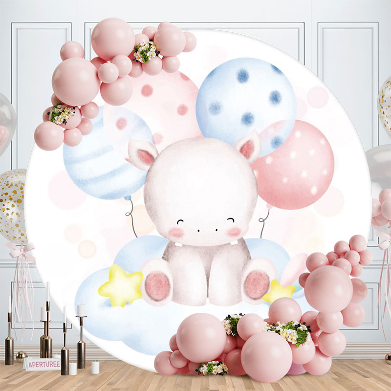 Aperturee - Ballons And Hippo Round Baby Shower Backdrop