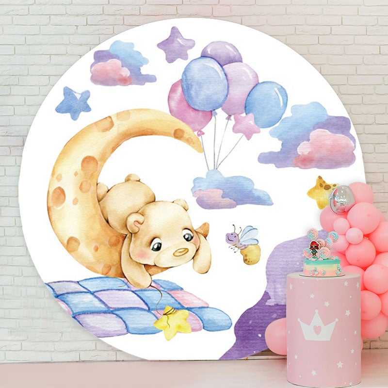 Aperturee - Ballons And Moon Bear Round Baby Shower Backdrop