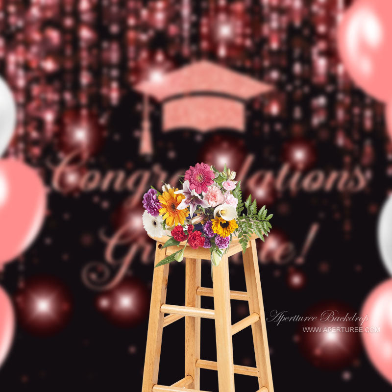 Aperturee - Balloon Glitter Pink Bokeh Graduation Photo Backdrop