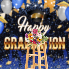 Aperturee - Balloon Hat Glitter Blue Graduation Photo Backdrop