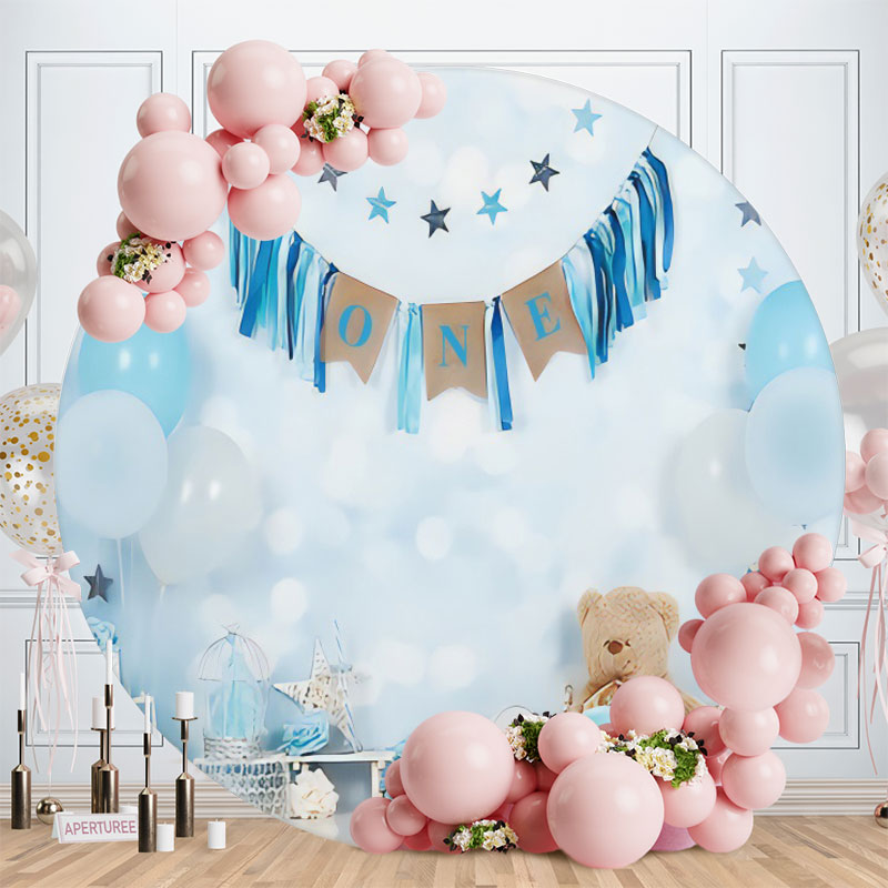Aperturee - Balloons And Cloud Round Blue 1st Birthday Backdrop