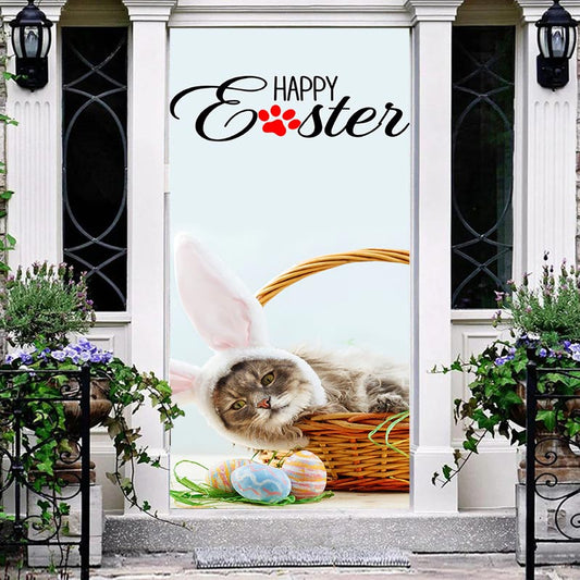 Aperturee - Basket Cat With Bunny Ears Happy Easter Door Cover