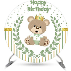 Aperturee - Bear Green Leaf Stars Stripe Round Birthday Backdrop