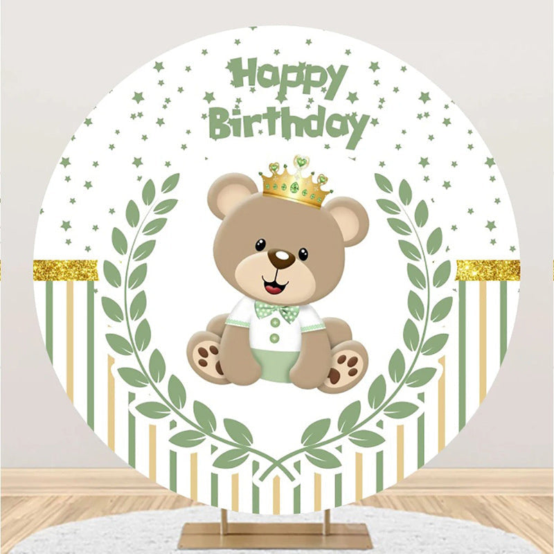 Aperturee - Bear Green Leaf Stars Stripe Round Birthday Backdrop