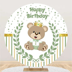 Aperturee - Bear Green Leaf Stars Stripe Round Birthday Backdrop