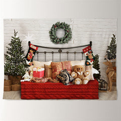 Aperturee - Bear Room Red Sofa Deco Tree Brick Xmas Backdrop