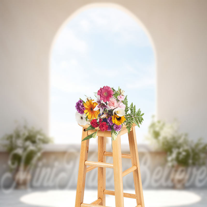 Aperturee - Beige Arched Wall Blue Sky Cross Easter Backdrop