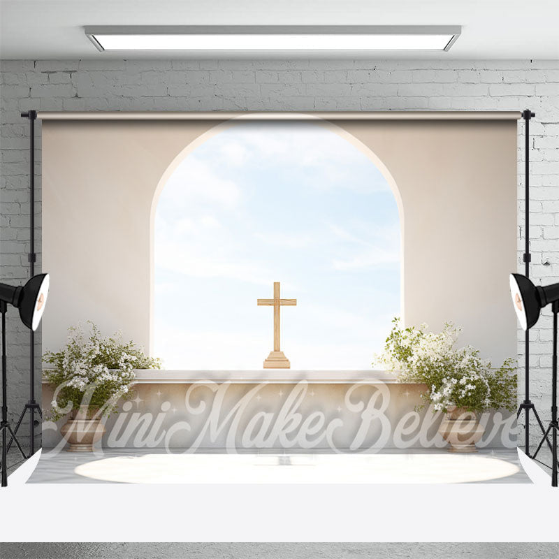 Aperturee - Beige Arched Wall Blue Sky Cross Easter Backdrop