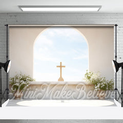 Aperturee - Beige Arched Wall Blue Sky Cross Easter Backdrop