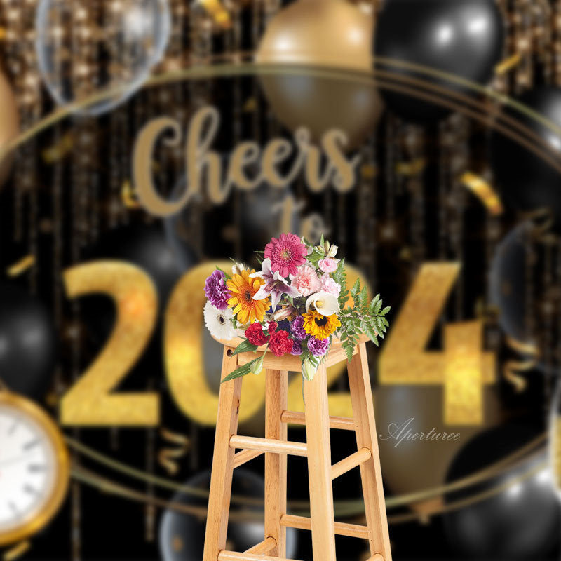Aperturee - Black And Gold Balloon Cheers To 2023 Backdrop