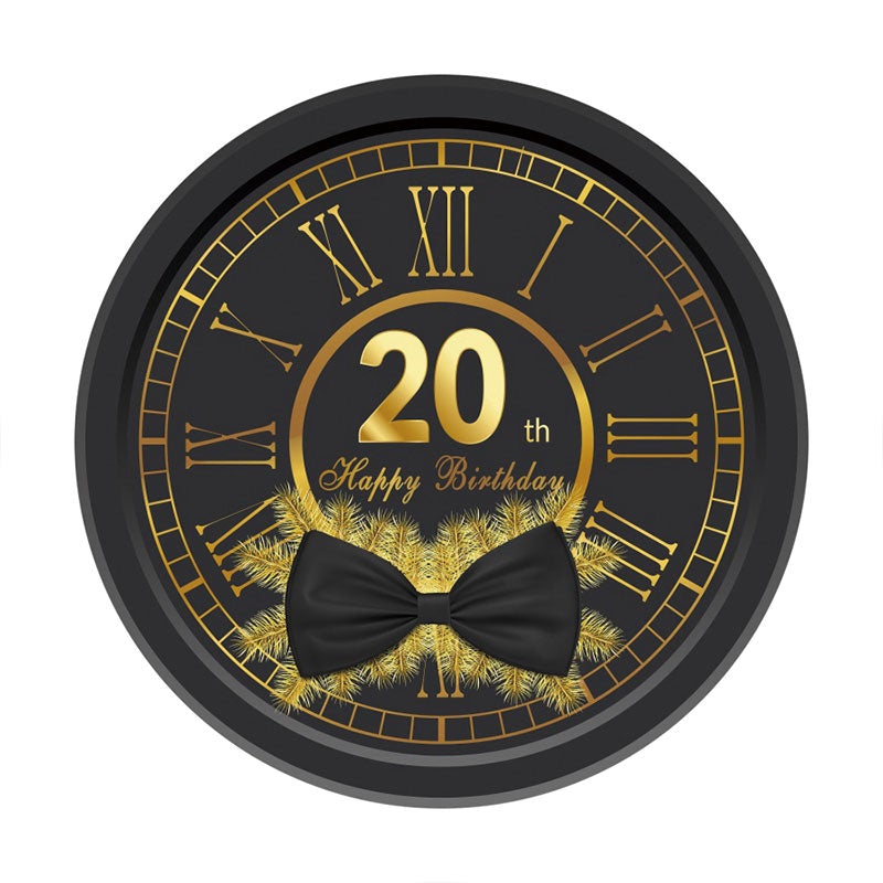 Aperturee - Black And Gold Clock 20th Round Happy Birthday Backdrop