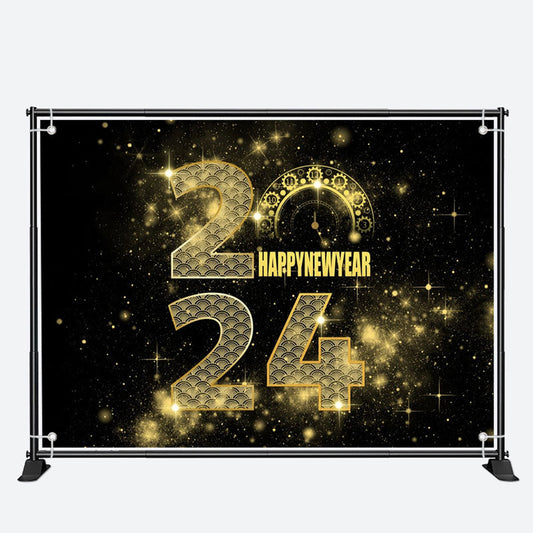 Aperturee - Black And Golden Clock 2024 Happy New Year Backdrop