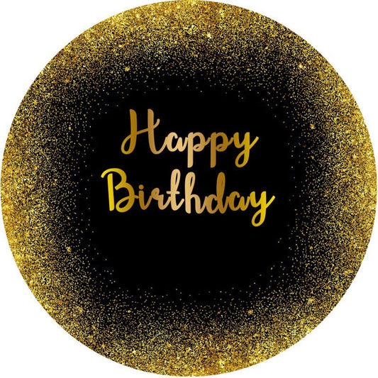 Aperturee - Black And Golden Glitter Round Happy Birthday Backdrop