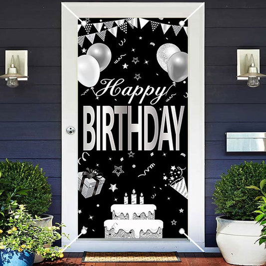 Aperturee - Black And White Cake Balloons Birthday Door Cover