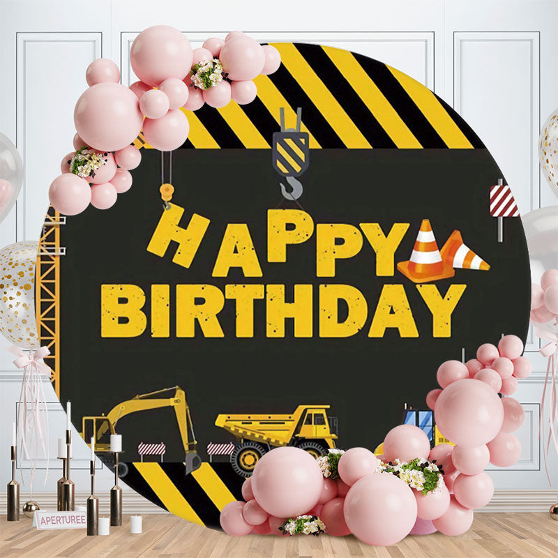 Aperturee - Black And Yellow Trnck Round Boys Birthday Backdrop