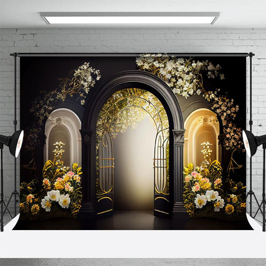 Aperturee - Black Arch Door White Floral Photography Backdrop