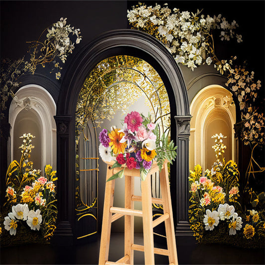 Aperturee - Black Arch Door White Floral Photography Backdrop