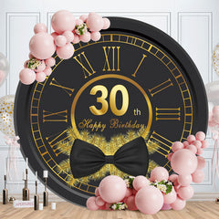 Aperturee - Black Bowknot And Gold Clock Round 30th Birthday Backdrop