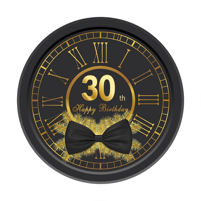 Aperturee - Black Bowknot And Gold Clock Round 30th Birthday Backdrop