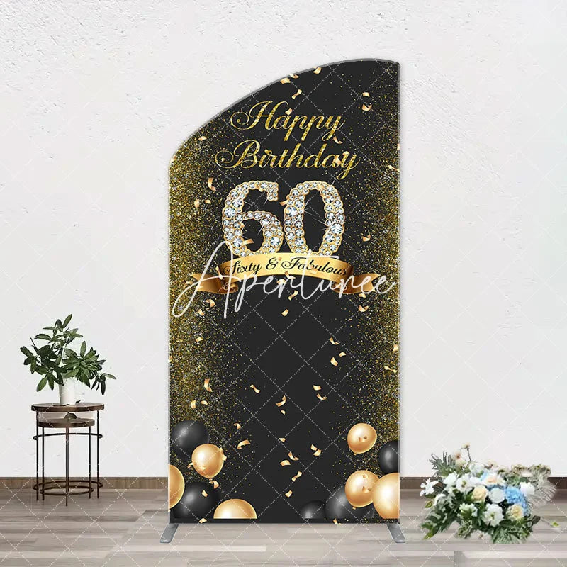 Aperturee - Black Gold Balloon Ribbon Arch 60th Birthday Backdrop