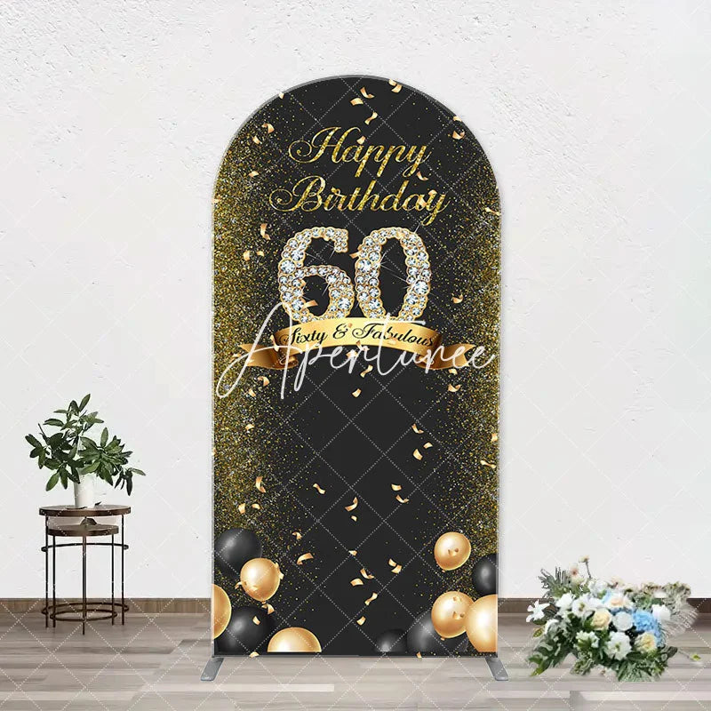 Aperturee - Black Gold Balloon Ribbon Arch 60th Birthday Backdrop
