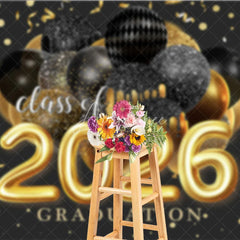 Aperturee - Black Gold Balloon Ribbon Class Of 2026 Grad Backdrop
