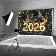 Aperturee - Black Gold Balloon Ribbon Class Of 2026 Grad Backdrop