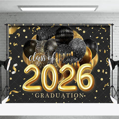 Aperturee - Black Gold Balloon Ribbon Class Of 2026 Grad Backdrop